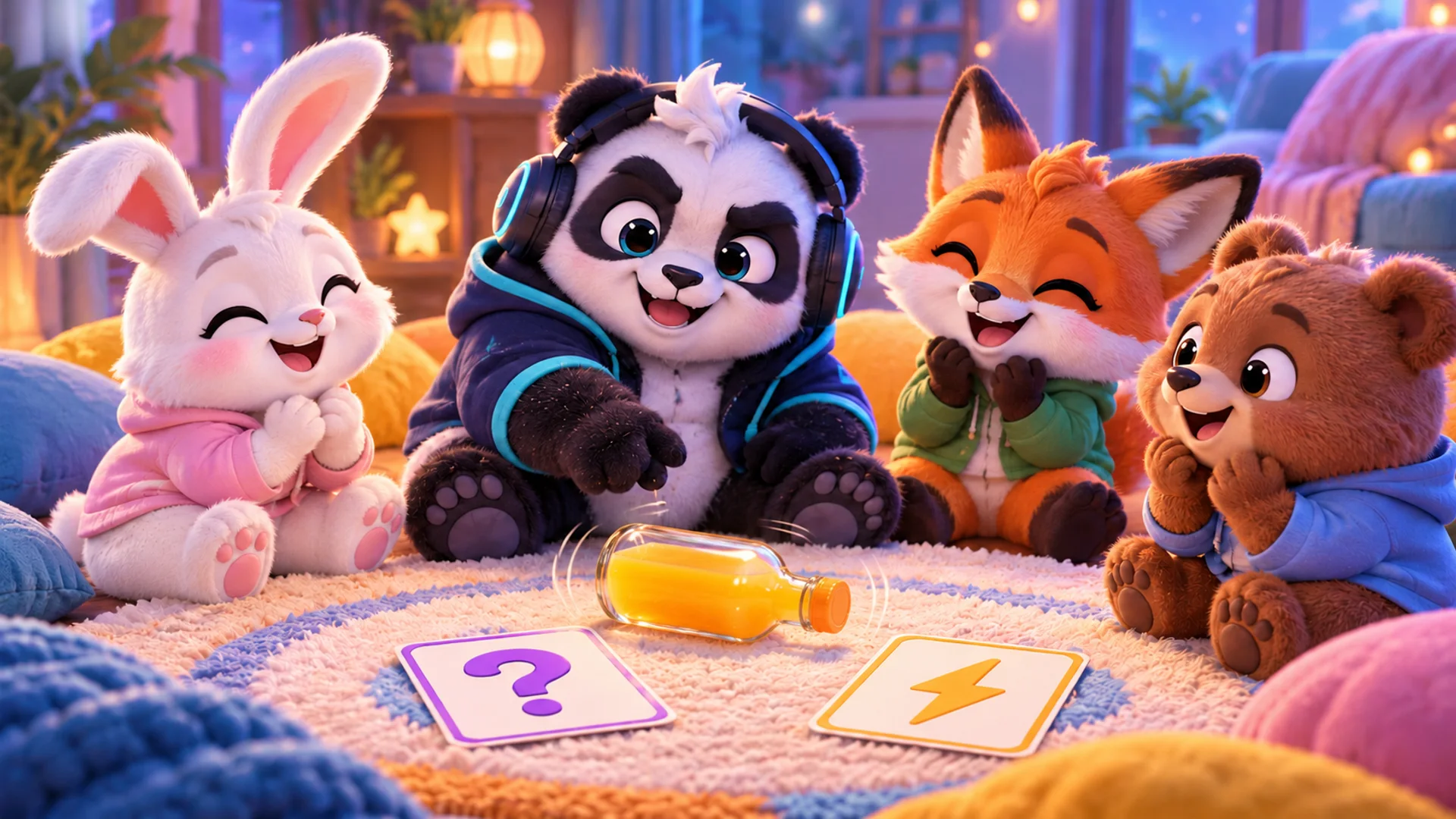 Polarzinho in a circle with a bunny, a fox and a bear cub, a juice bottle spinning on the rug between a question-mark card and a lightning card