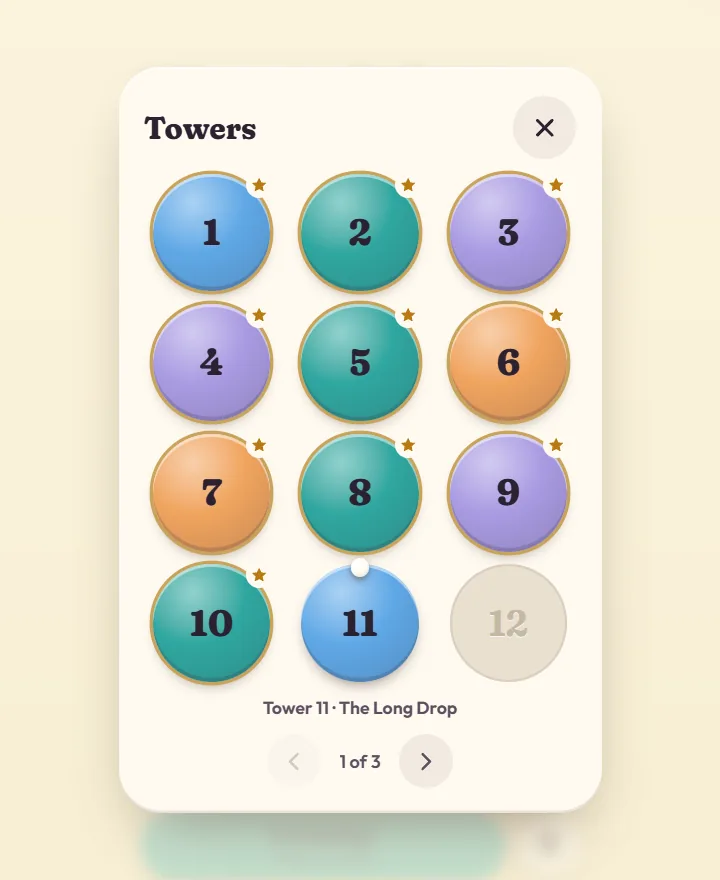 Twirldrop tower list with towers 1 to 10 showing a gold star, tower 11 open and tower 12 locked, on page 1 of 3