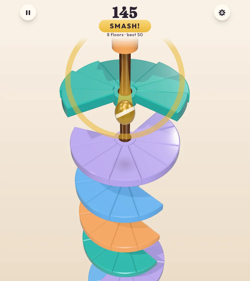 Twirldrop Descent: score 145, a yellow SMASH! tag, a golden ball with a pale ring above a lavender floor and the counter 8 floors, best 50