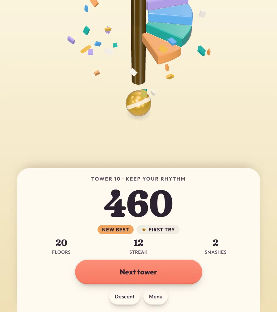 Twirldrop results card for Tower 10, Keep Your Rhythm: 460 points, New best, First try, 20 floors, streak 12, 2 smashes, with a gold ball and confetti above