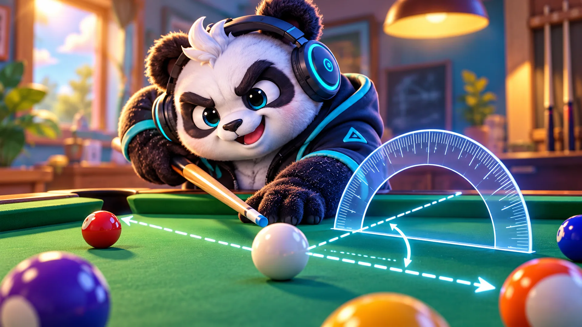 Polarzinho spielt Billard mit einem durchsichtigen Winkelmesser, der den Winkel des Stoßes und den gestrichelten Weg der weißen Kugel zeigt