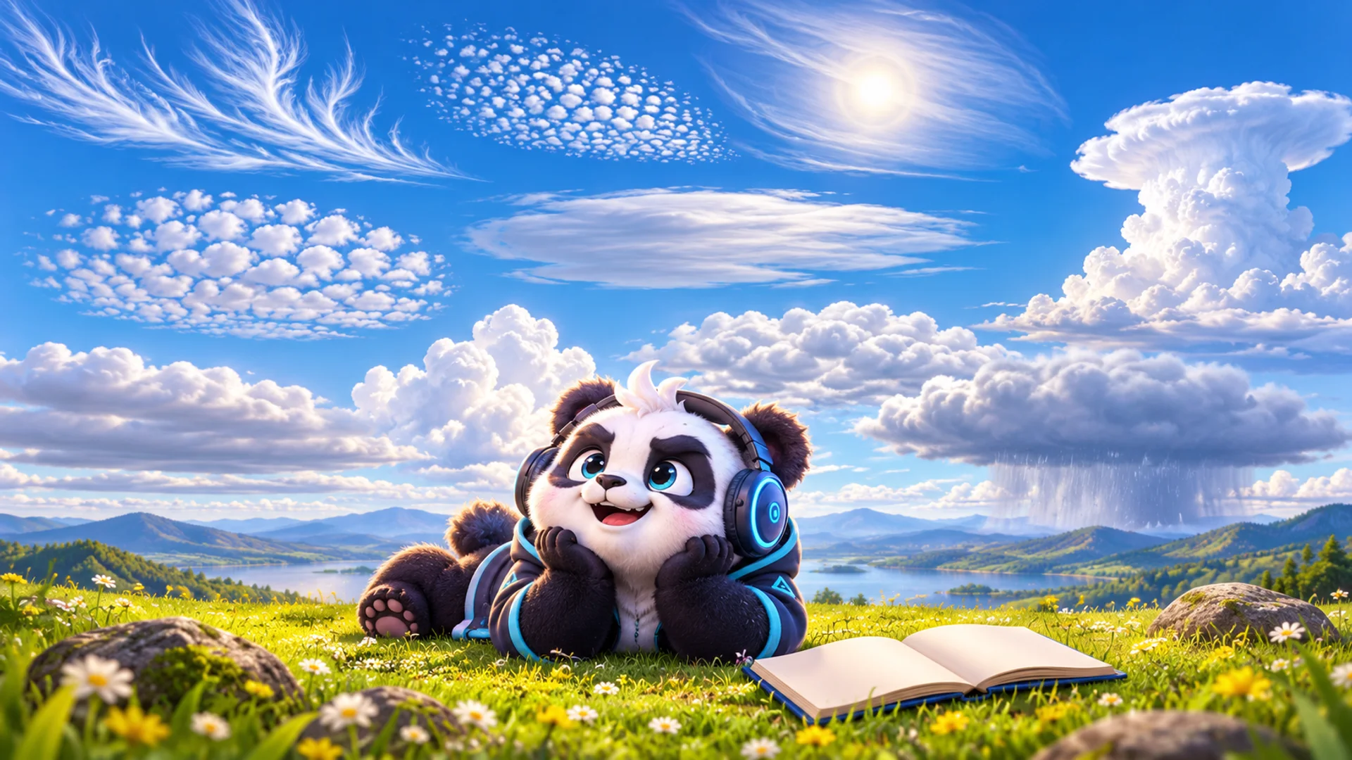 Polarzinho lies on a meadow looking at a sky with many cloud types, from thin cirrus up high to puffy cumulus and a rain-shedding cumulonimbus, with a notebook beside him.