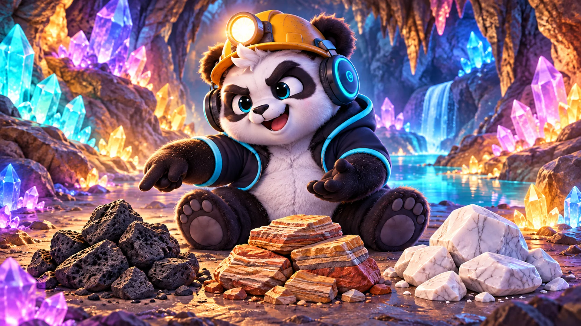 Polarzinho in a miner's helmet in a crystal cave, pointing at three piles of rock: dark volcanic stone, colorful layered rock and white marble