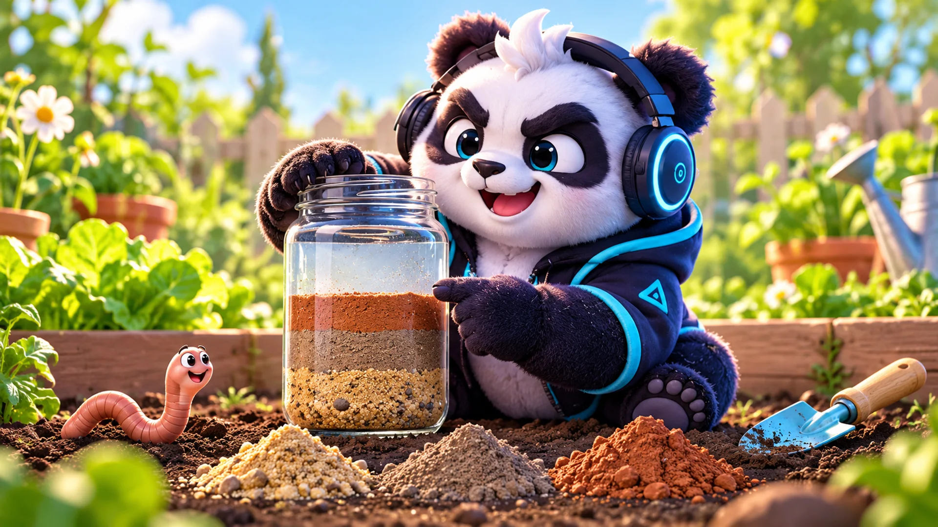 Polarzinho shows a glass jar with settled layers of sand, silt and clay in a vegetable garden, next to three heaps of different soils, a trowel and a smiling worm.