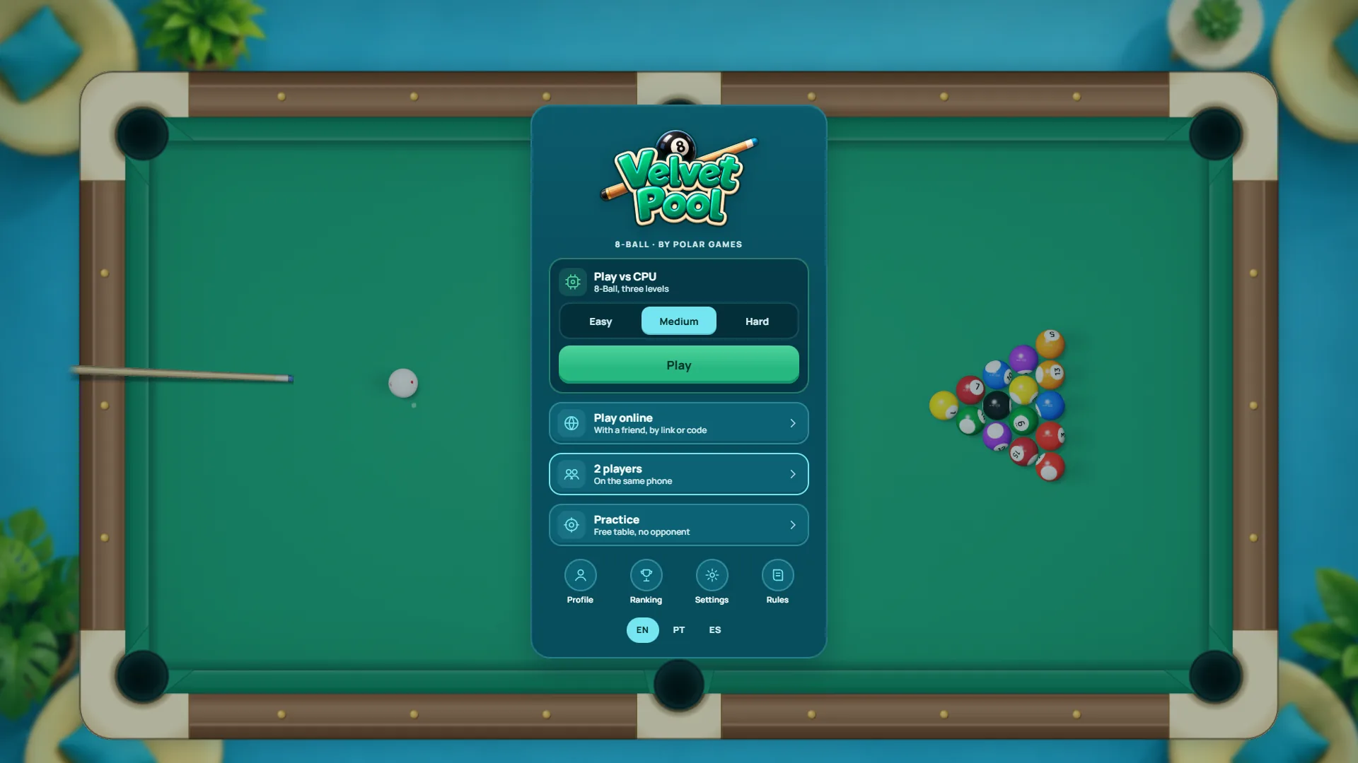The Velvet Pool menu over the pool table, with Play vs CPU, Play online, 2 players and Practice.