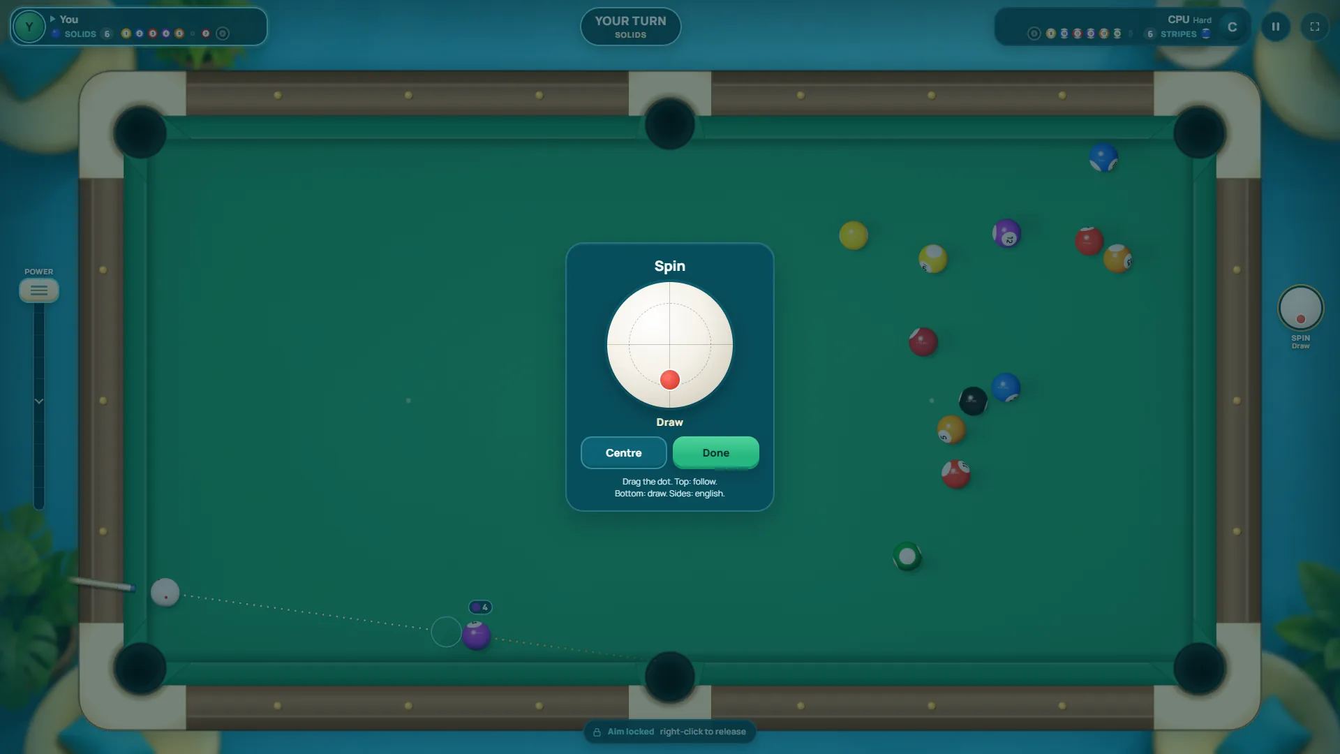 The Velvet Pool spin panel with the red dot pulled to the bottom of the cue ball, set to draw.