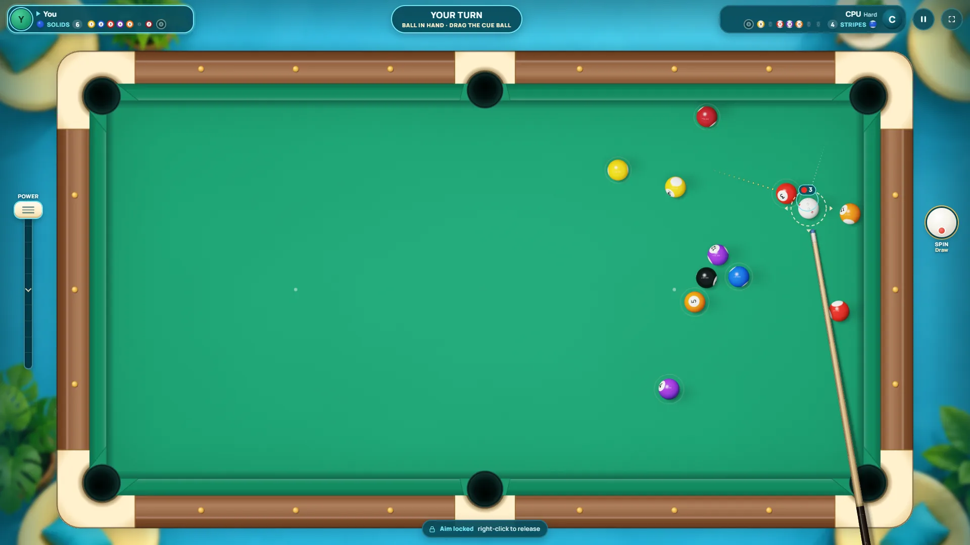 Ball in hand in Velvet Pool: the cue ball sits next to the 3 ball, with the aim pointed at a pocket and the cue ready.