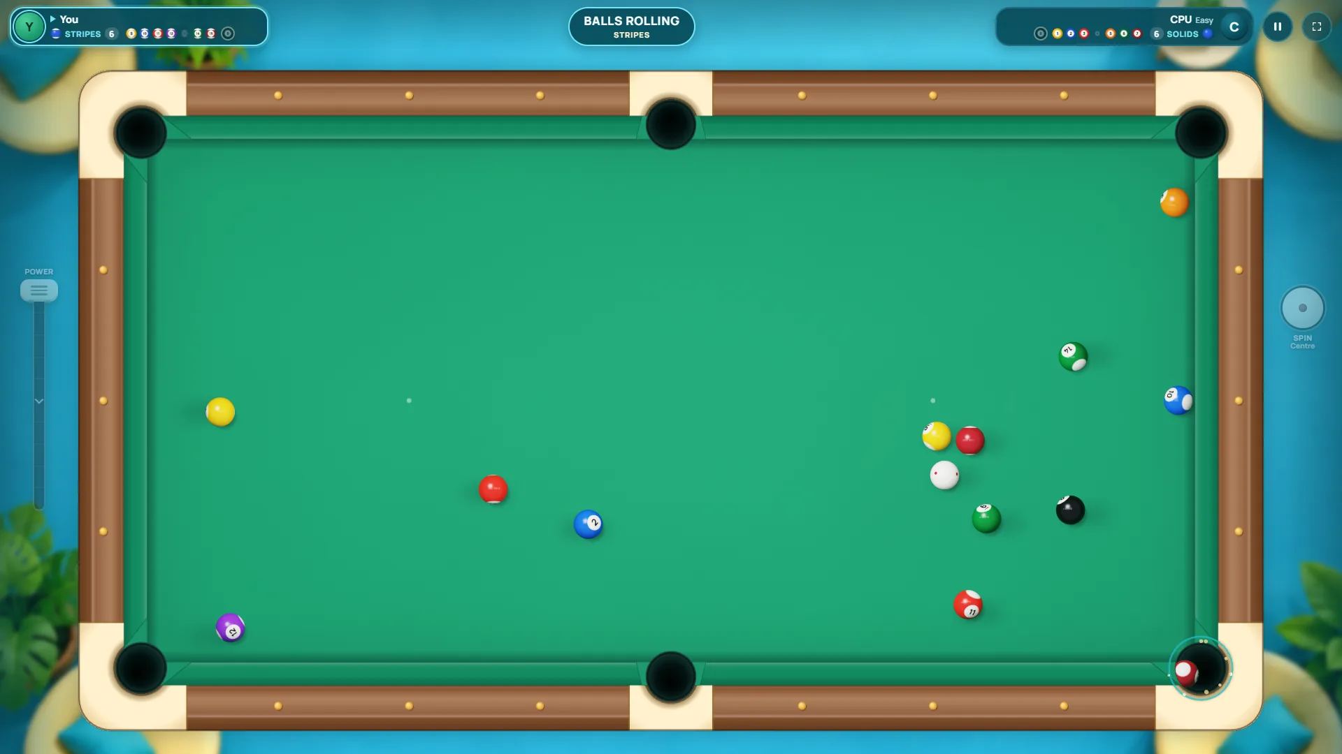 A striped ball dropping into the bottom right corner pocket in Velvet Pool, with a glowing ring around the pocket.
