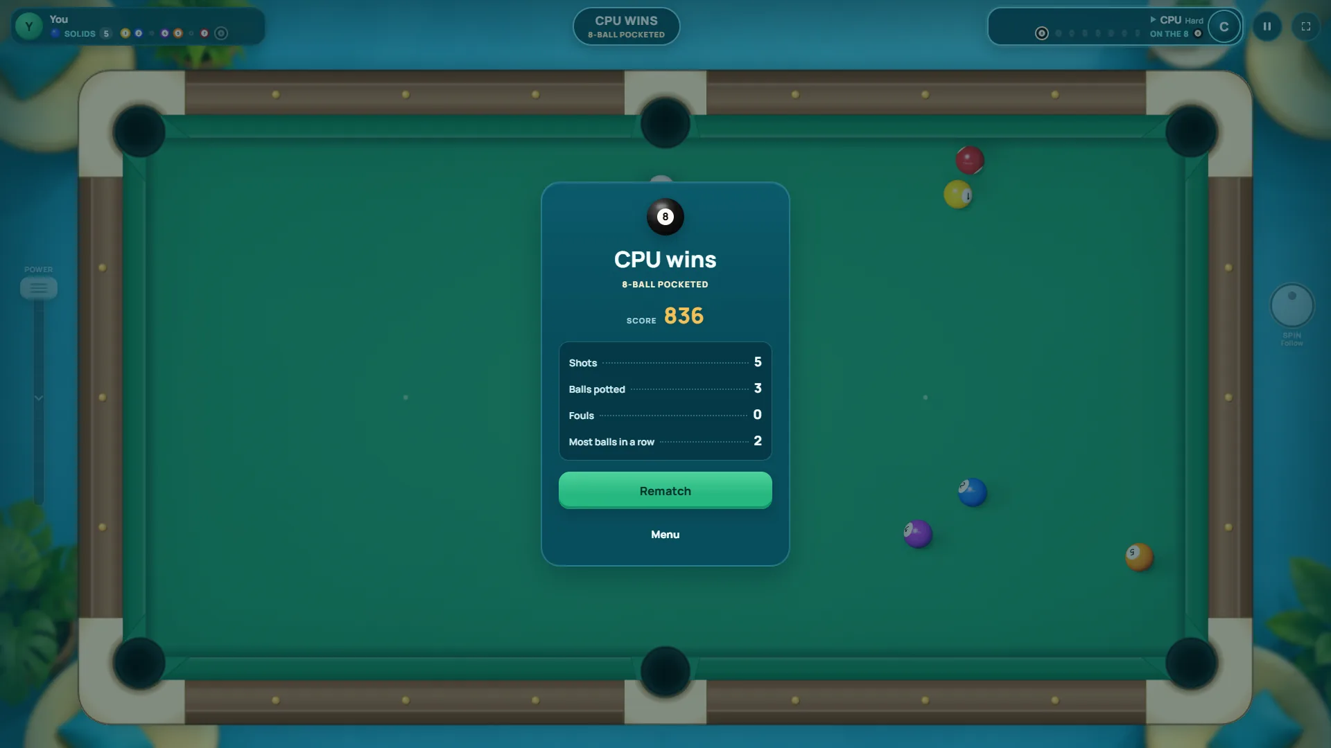 The Velvet Pool results screen showing CPU wins, a score of 836 and stats for shots, balls potted and fouls.