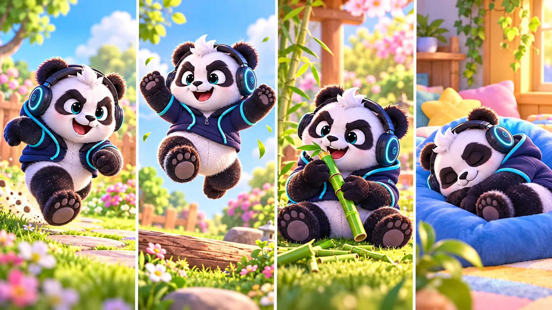 Four side-by-side scenes of Polarzinho: running, jumping, eating bamboo and sleeping