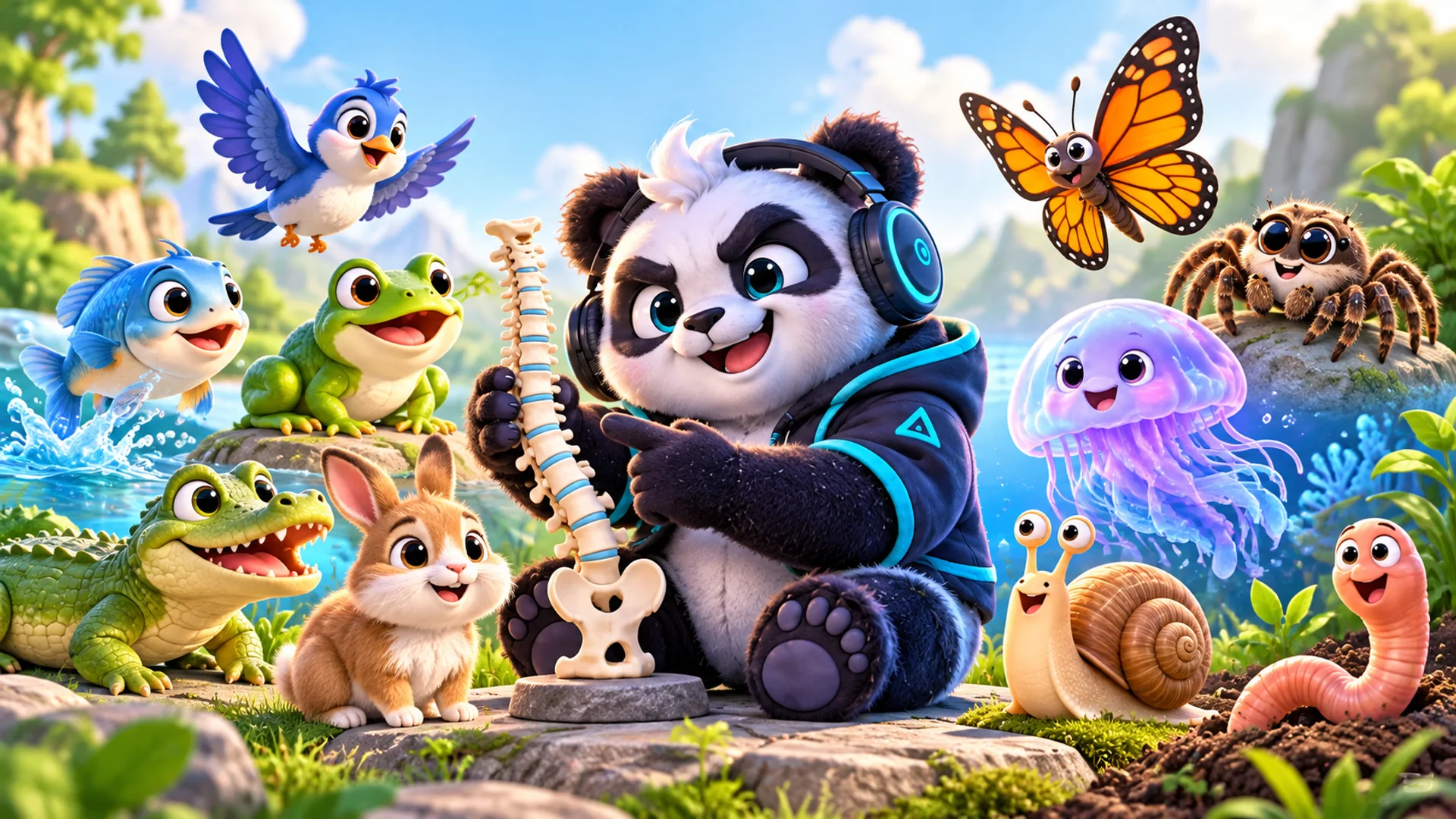Polarzinho holds a spine model surrounded by cute animals: a fish, frog, alligator, bird and rabbit on one side, a butterfly, spider, jellyfish, snail and worm on the other.
