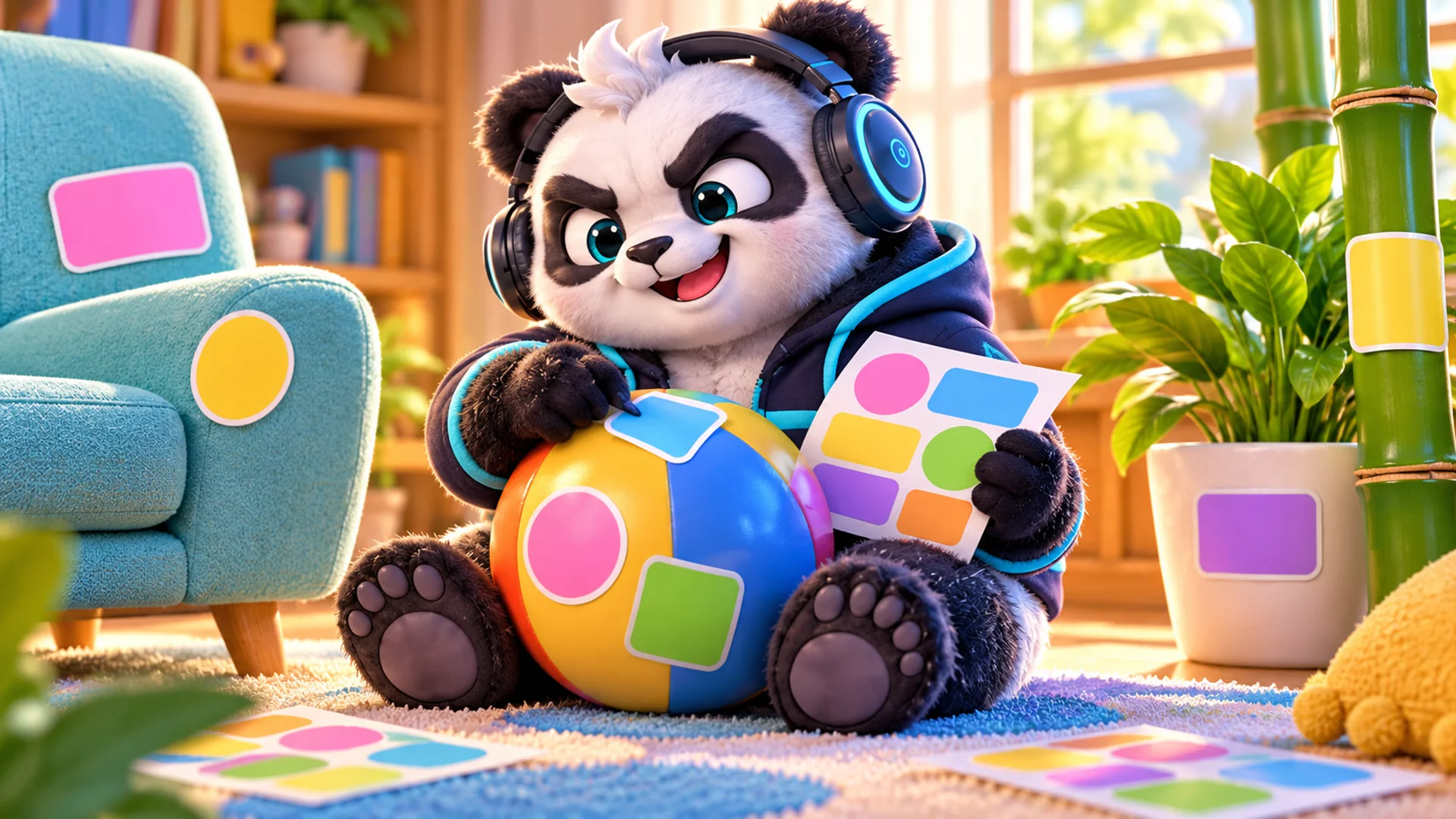 Polarzinho sticking colorful labels on things in the room, like a ball, an armchair, a plant and a bamboo stalk