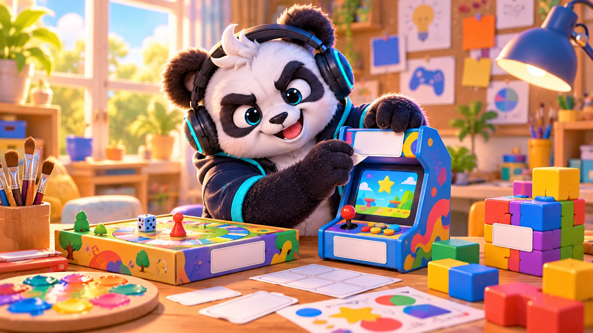 Polarzinho, o panda de fones, cola uma etiqueta em branco num fliperama de brinquedo, ao lado de um jogo de tabuleiro, blocos coloridos e uma paleta de tintas sobre a mesa.