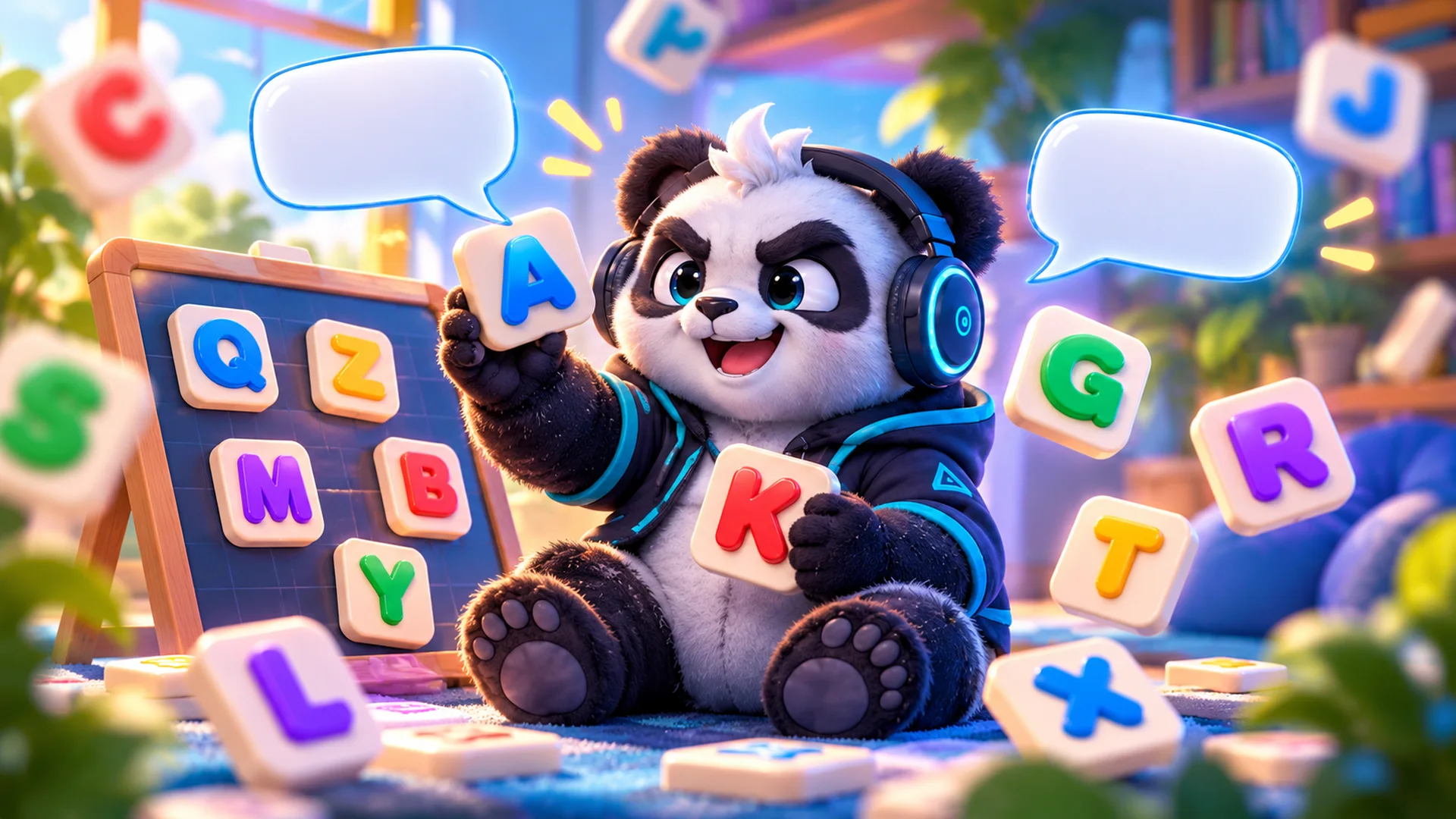 Polarzinho holding a letter A tile, surrounded by floating colorful letter tiles, a letter board and empty speech bubbles