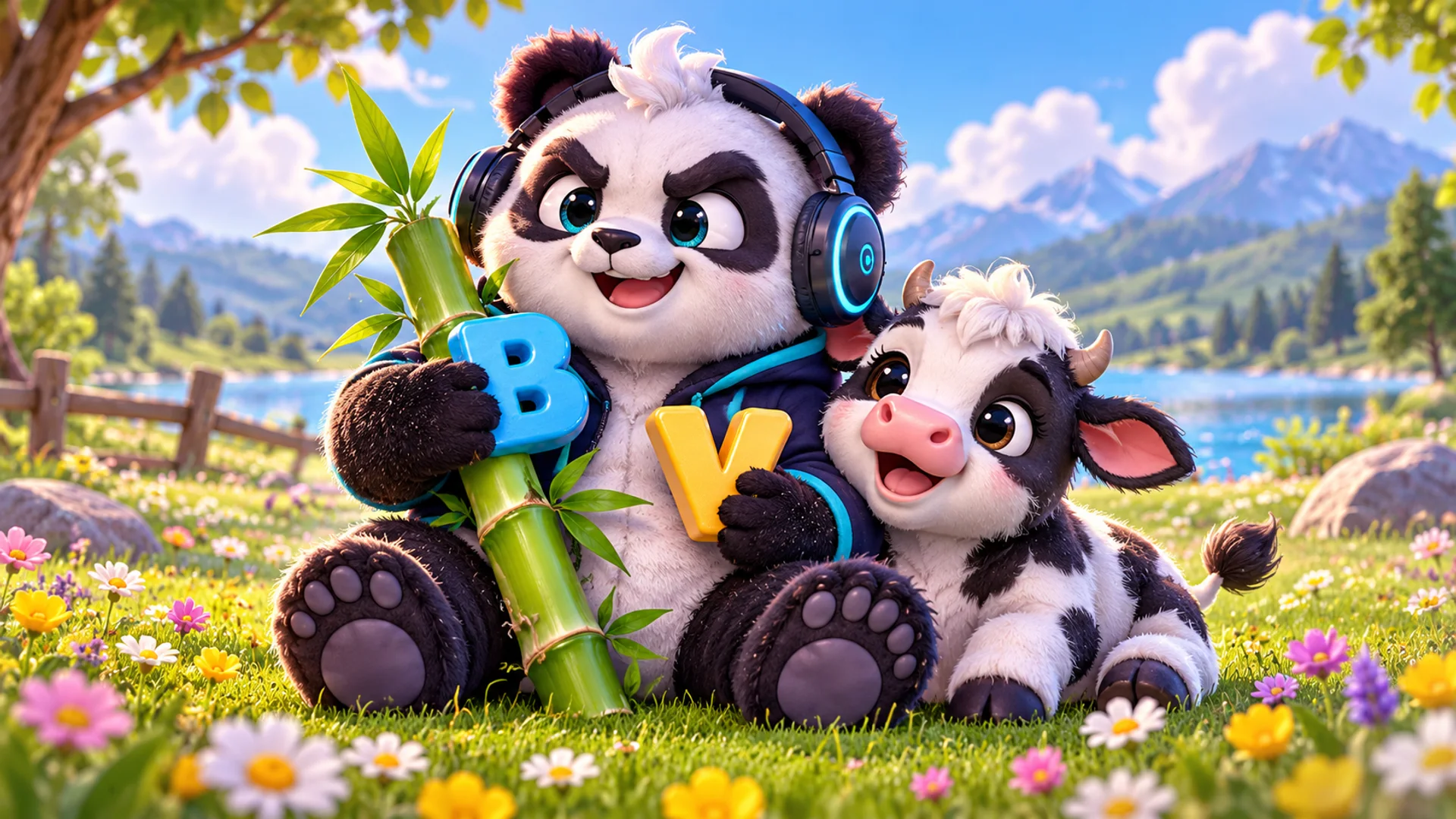 Polarzinho hugging a bamboo stalk and a little cow in a flowery field, holding the letters B and V