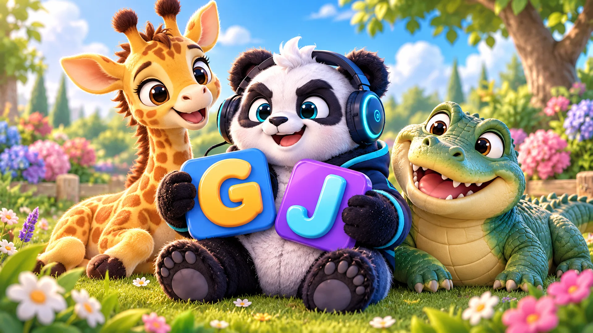 Polarzinho in a garden holding the letter tiles G and J, between a smiling giraffe and a smiling alligator