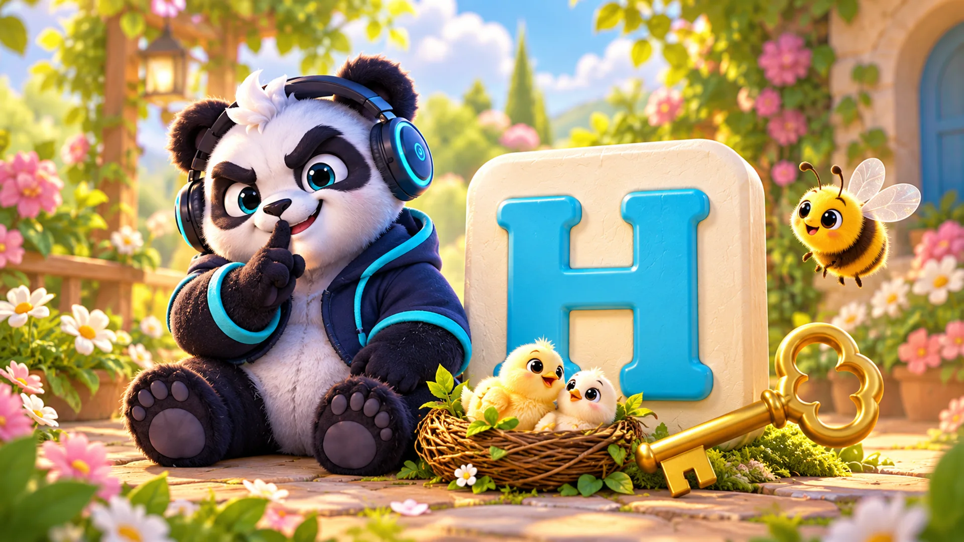 Polarzinho making a shush gesture next to a giant H letter tile, with a nest of chicks, a golden key and a bee