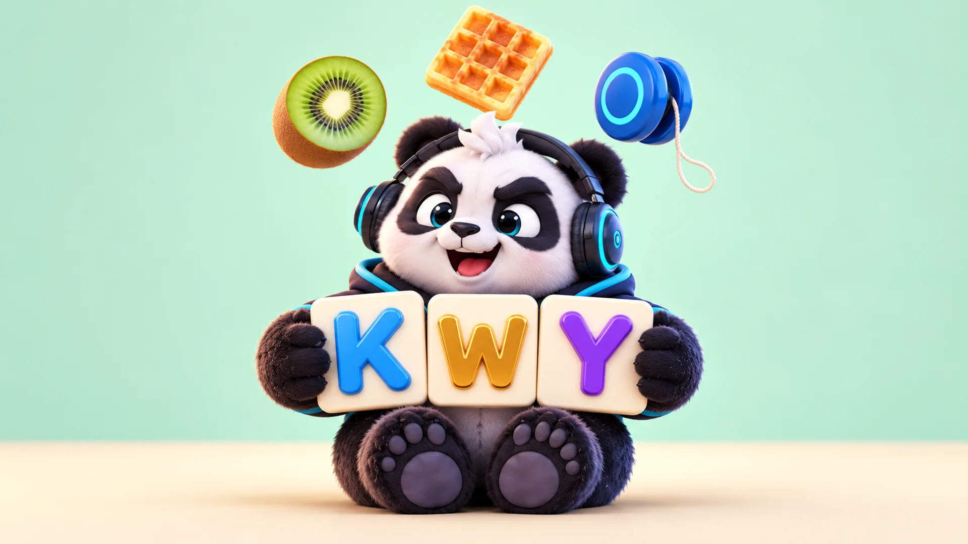 Polarzinho holding three letter tiles, K, W and Y, with a kiwi, a waffle and a yo-yo flying above his head