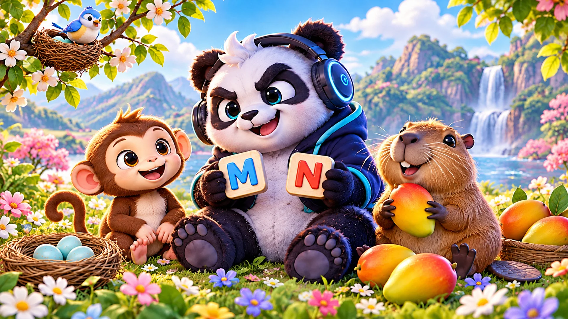 Polarzinho segurando as letras M e N entre um macaquinho e um castor com uma manga, num campo com ninhos e flores
