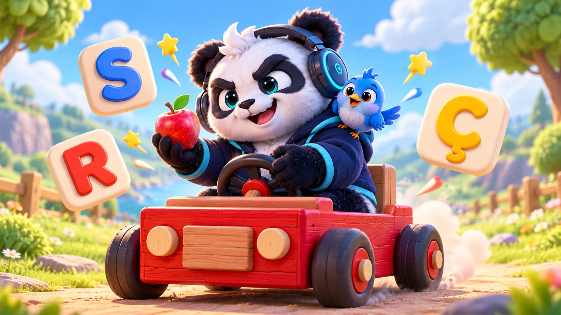 Polarzinho driving a red wooden toy car with an apple in his hand and a little blue bird on his shoulder, among letter tiles S, R and Ç
