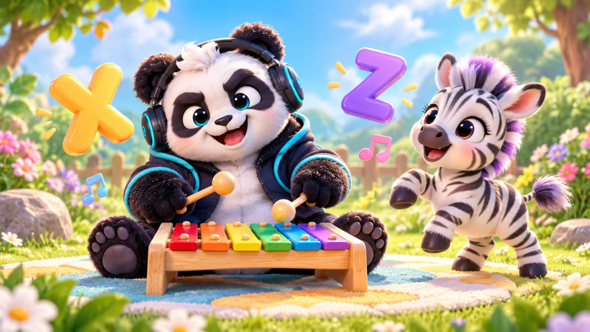 Polarzinho playing a colorful xylophone in a garden, with a cute zebra dancing beside him and the letters X and Z floating above