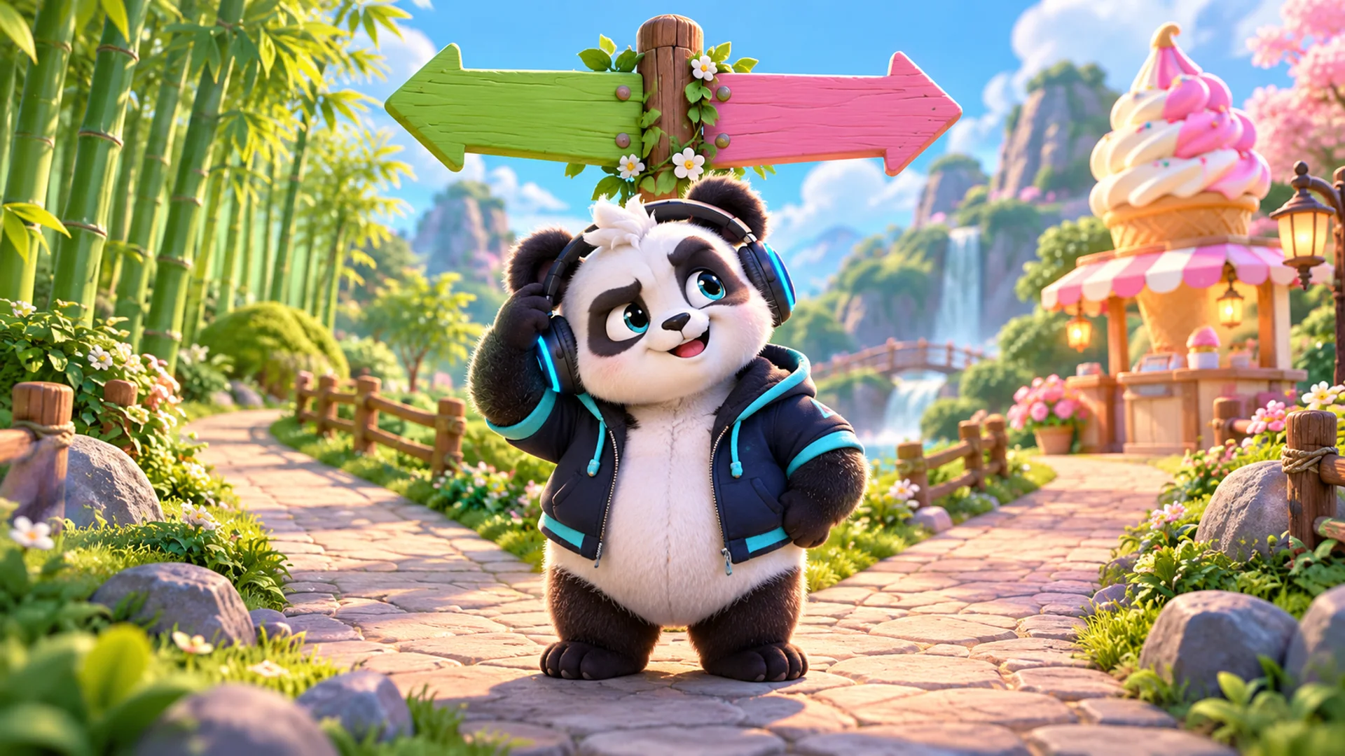 Polarzinho scratching his head at a signpost with two arrows: a bamboo grove on one side, an ice cream shop on the other