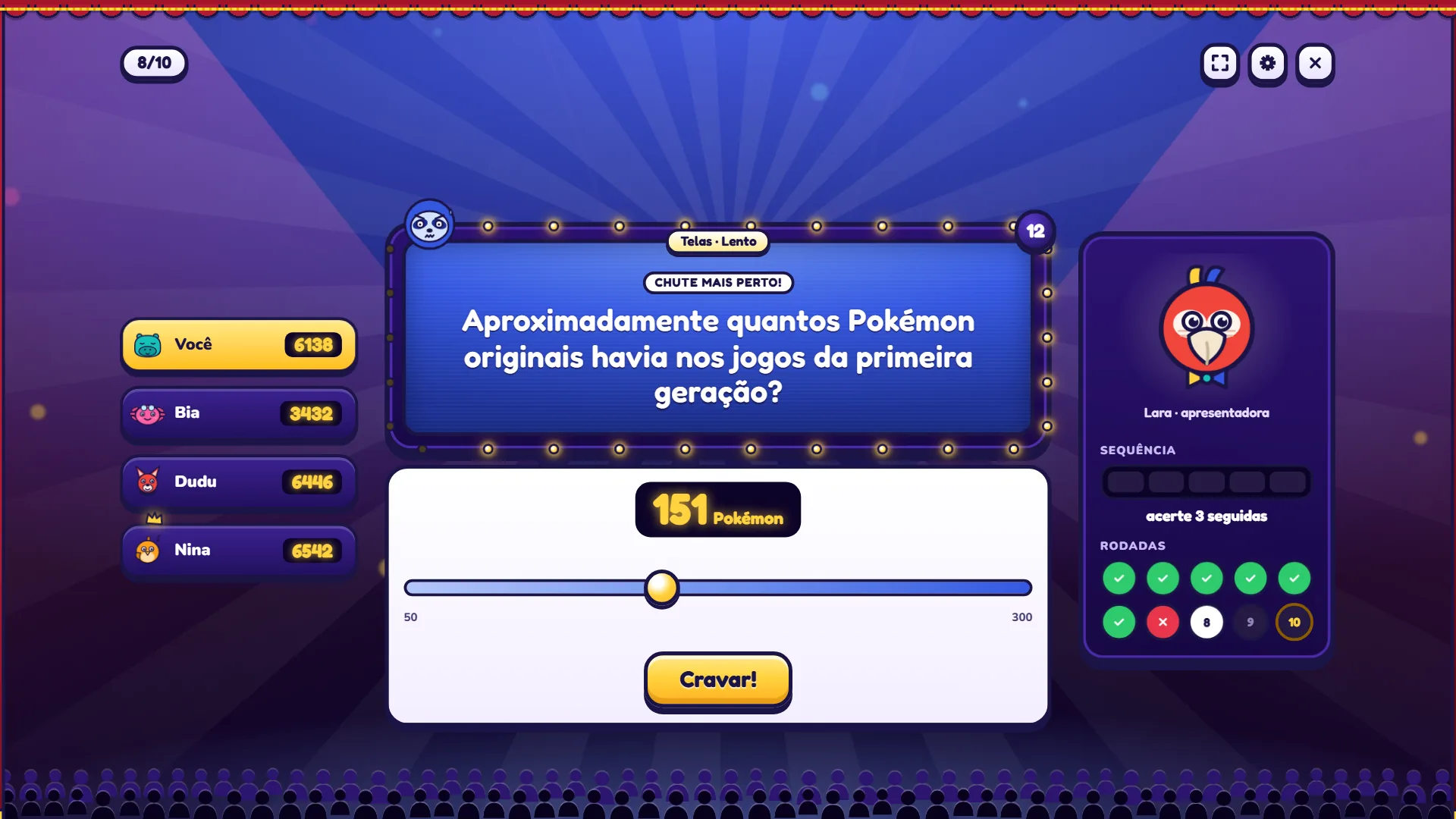Pregunta de cálculo en Zabum! sobre los Pokémon de la primera generación, con la barra marcando 151