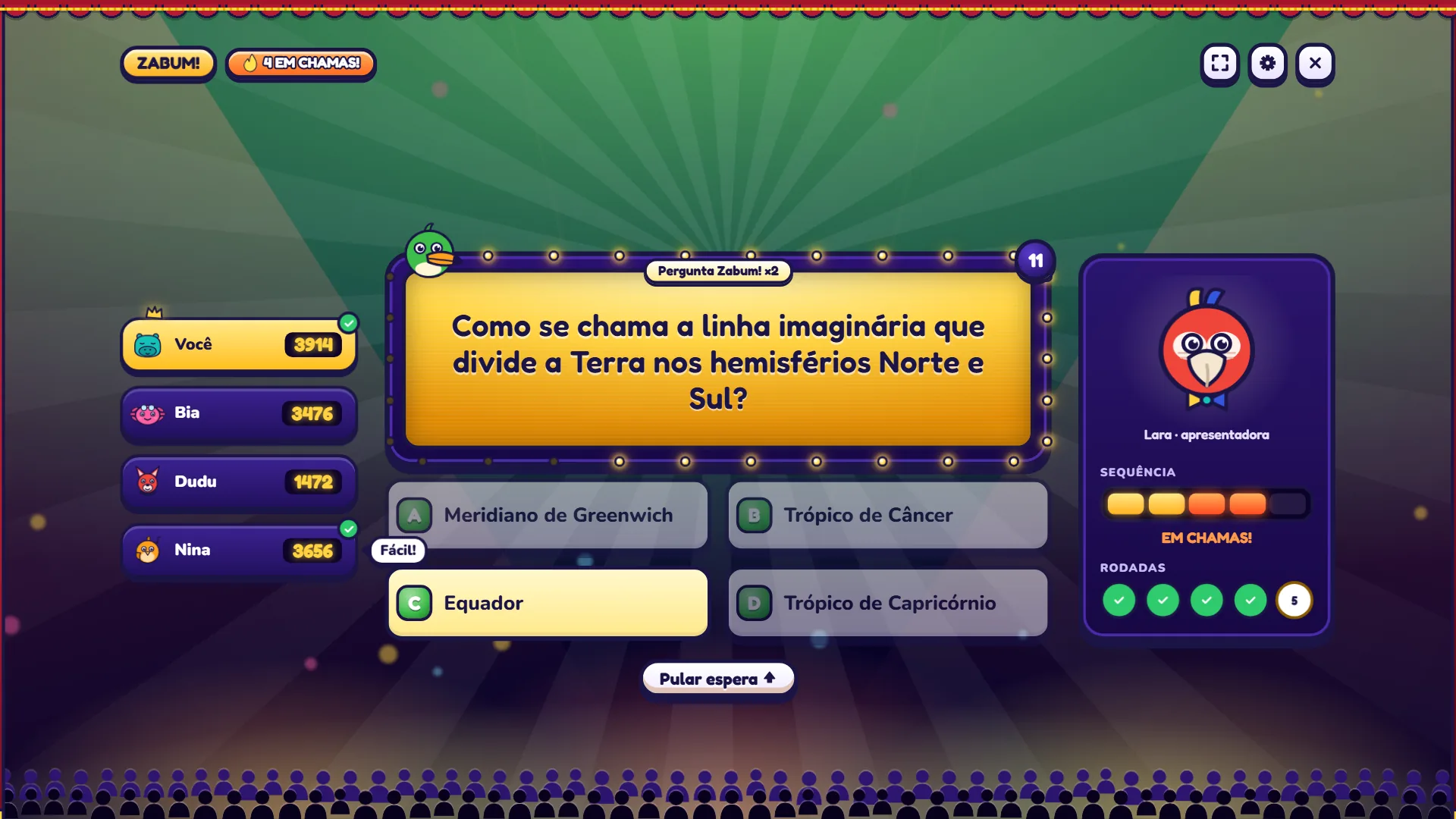 Pregunta final de Zabum! que vale el doble, con tarjeta dorada, racha de cuatro aciertos y el jugador liderando el marcador