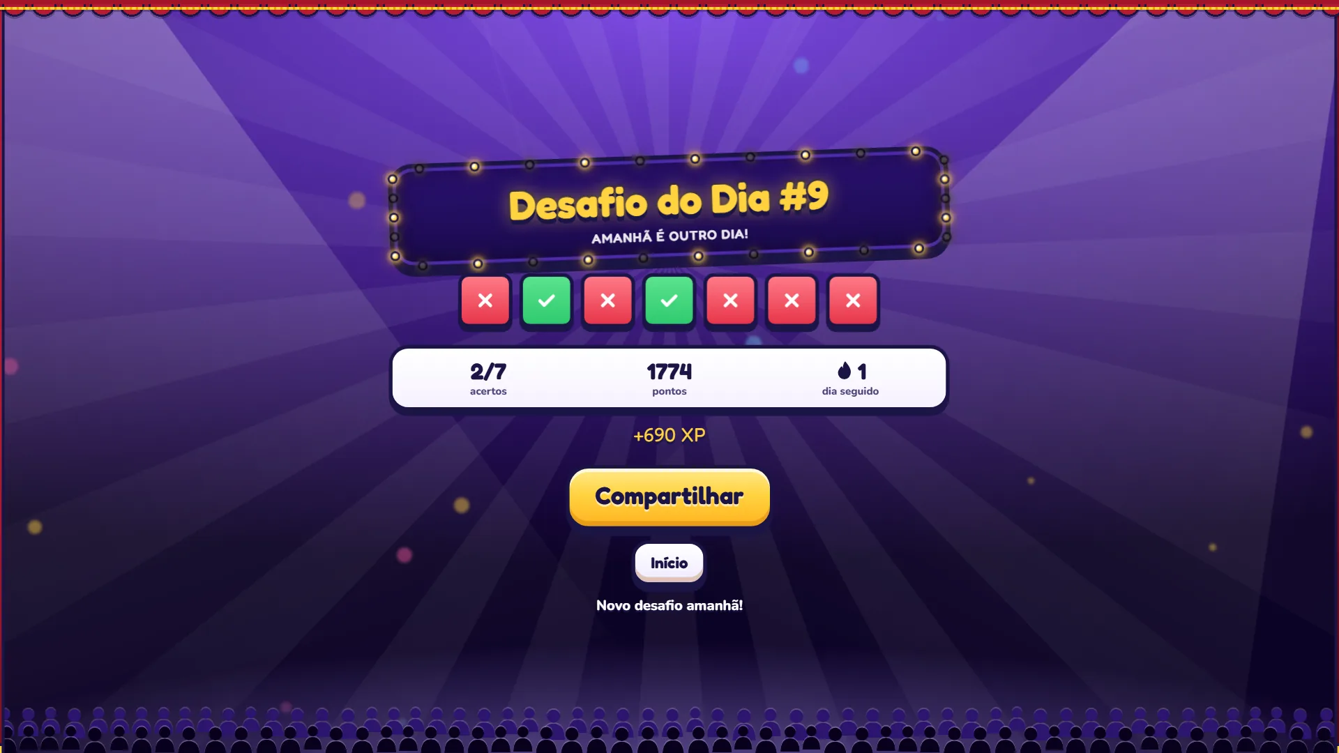 Resultado del Desafío del Día en Zabum! con siete cuadritos de acierto y error, 2 aciertos, 1.774 puntos y botón para compartir