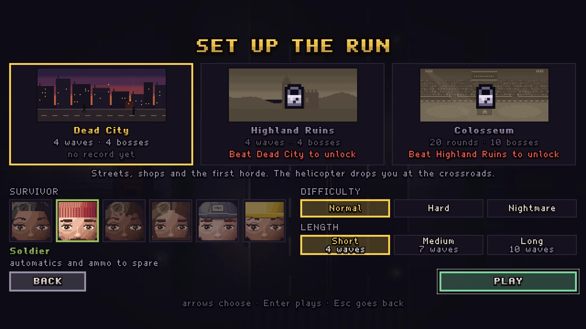 Zombra Survivor set-up screen with the Dead City card selected, Highland Ruins and Colosseum locked, six survivor portraits with the Soldier chosen, Normal difficulty and Short length.