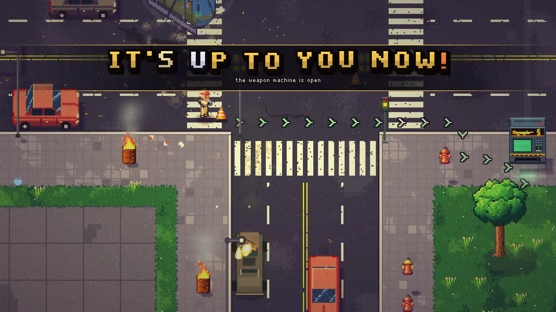 Top-down street in Zombra Survivor with a big banner reading IT'S UP TO YOU NOW, a survivor next to a traffic cone, a helicopter above and green arrows leading to the weapon machine.