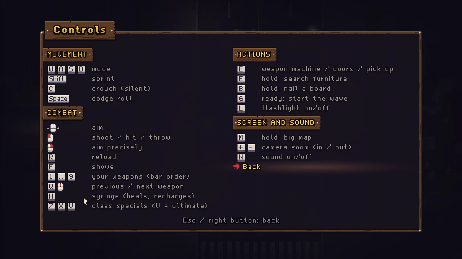 Zombra Survivor Controls screen listing movement, combat, actions and screen keys on wooden panels.