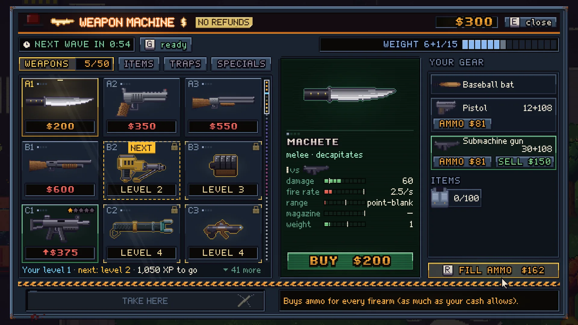 The Weapon Machine screen with a $300 balance, the Weapons tab showing a Machete for $200, and the gear column with baseball bat, pistol and submachine gun.