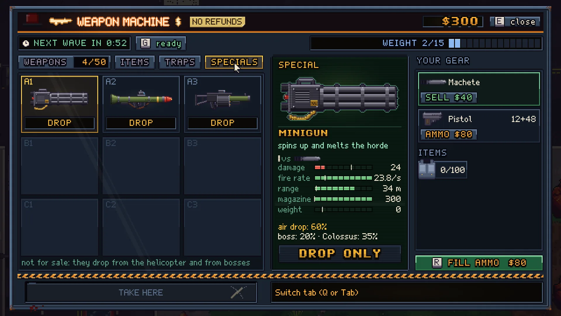 The Specials tab of the Weapon Machine showing the Minigun with its stats and a DROP ONLY button instead of a price.