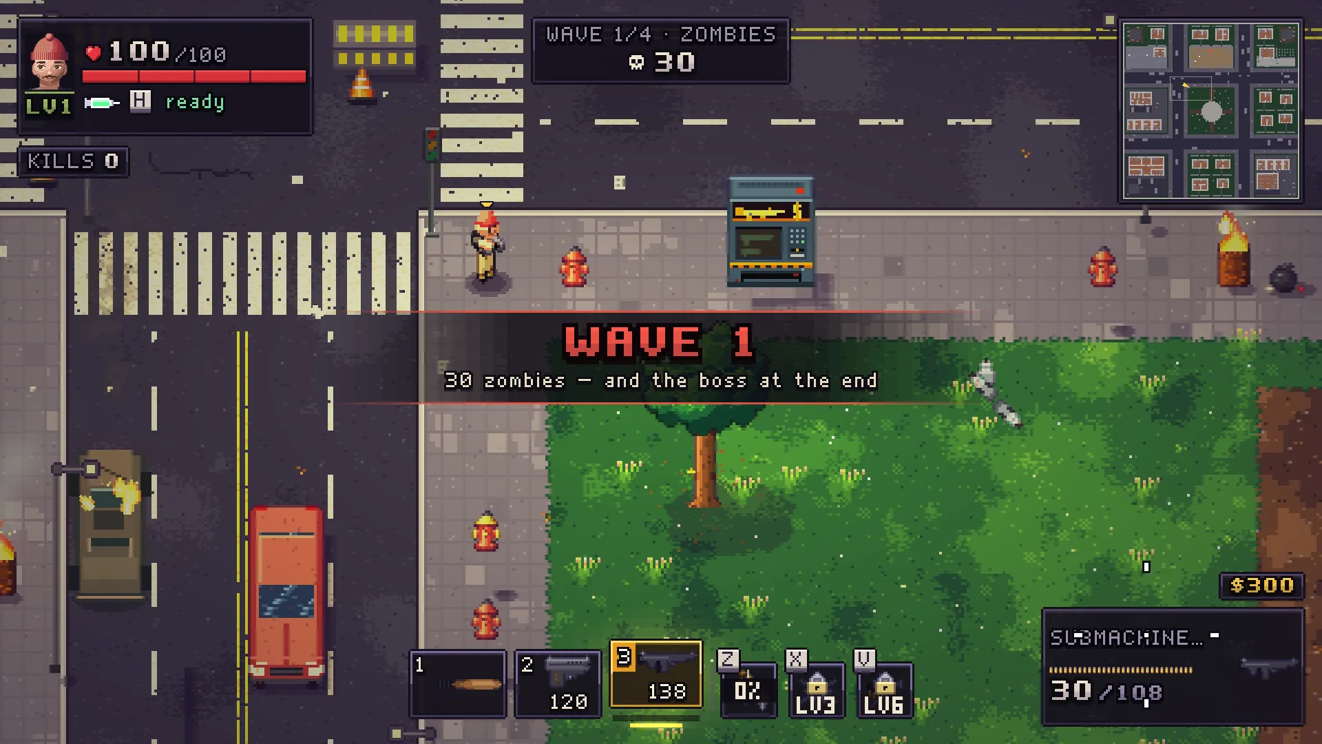 The WAVE 1 banner over a city street saying 30 zombies and the boss at the end, with the HUD showing WAVE 1/4, ZOMBIES 30 and $300.