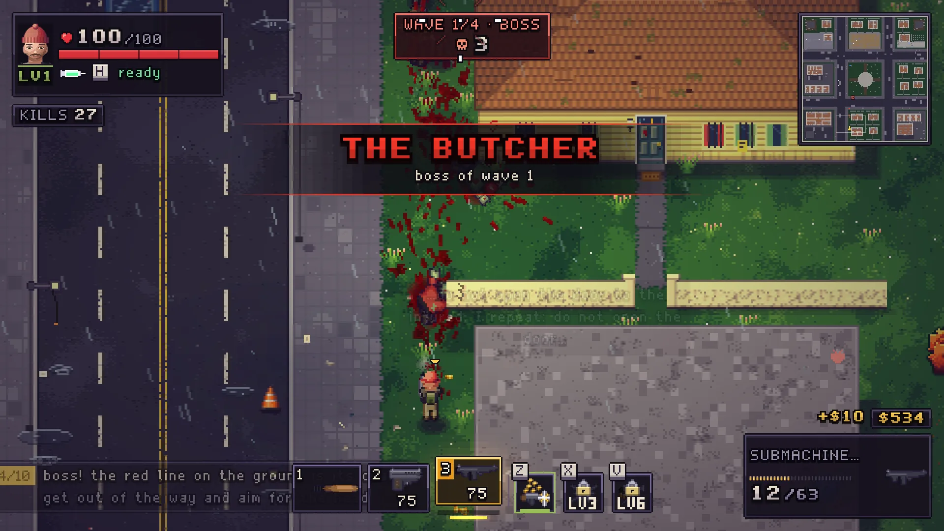 Red banner reading THE BUTCHER, boss of wave 1, over a suburban yard with a house, with KILLS 27 and a boss counter at the top of the HUD.