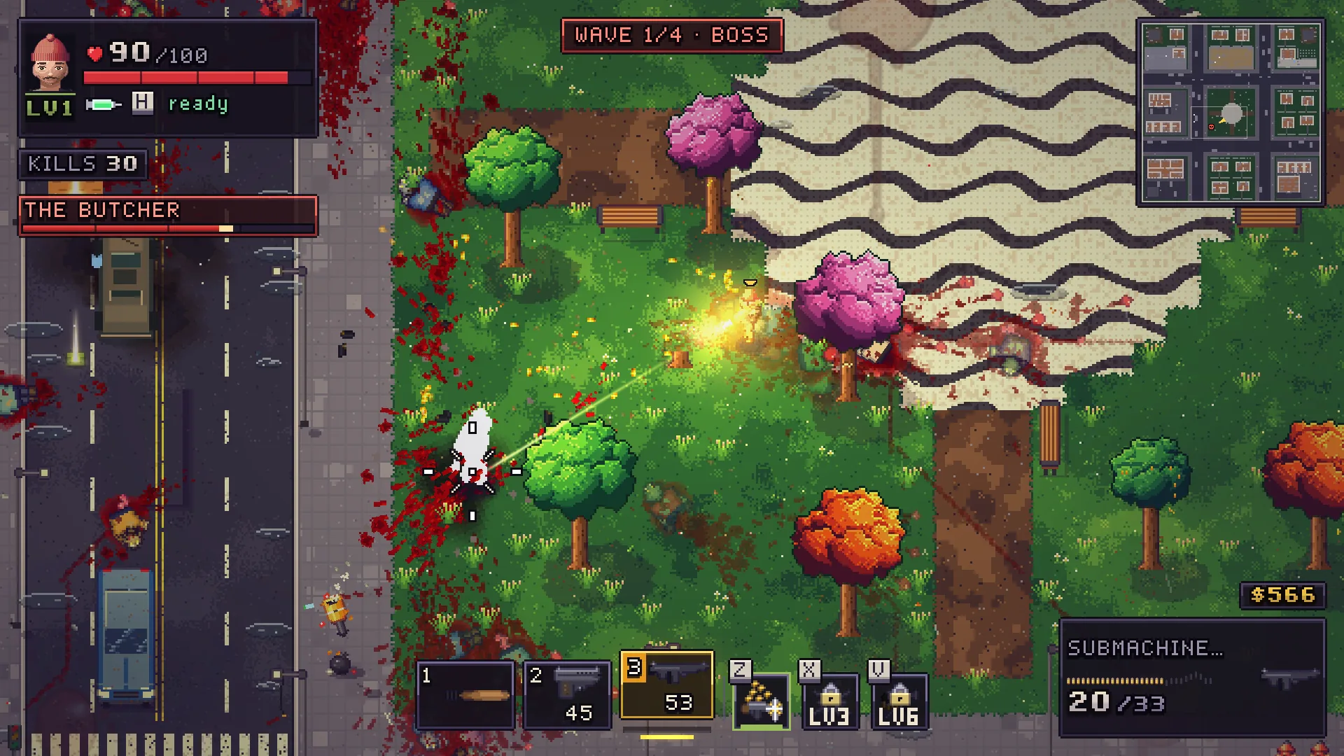 A survivor firing a submachine gun with a yellow muzzle flash at The Butcher on a grassy plaza, with the boss health bar under KILLS 30.