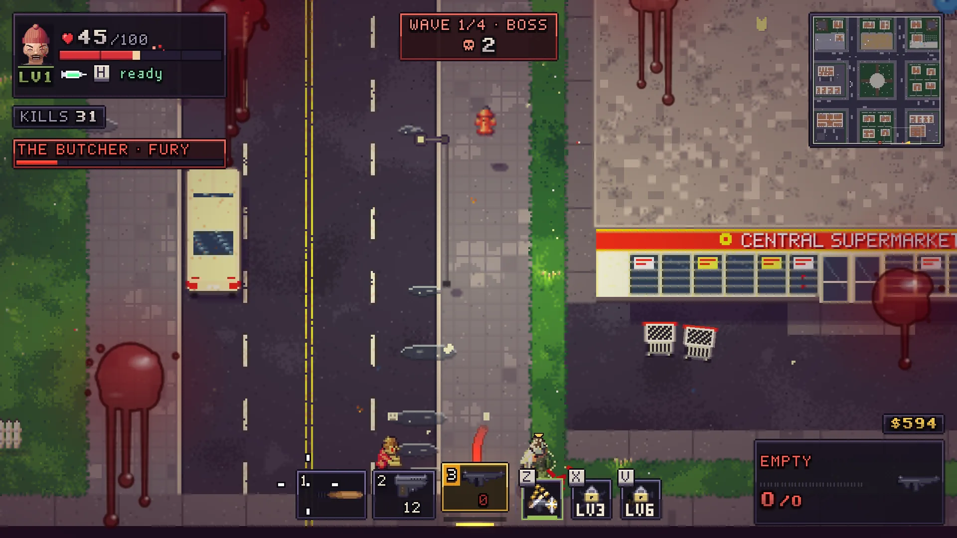 A low-health survivor with EMPTY 0/0 on the weapon panel, THE BUTCHER FURY bar under KILLS 31 and blood splashes over a street in front of Central Supermarket.