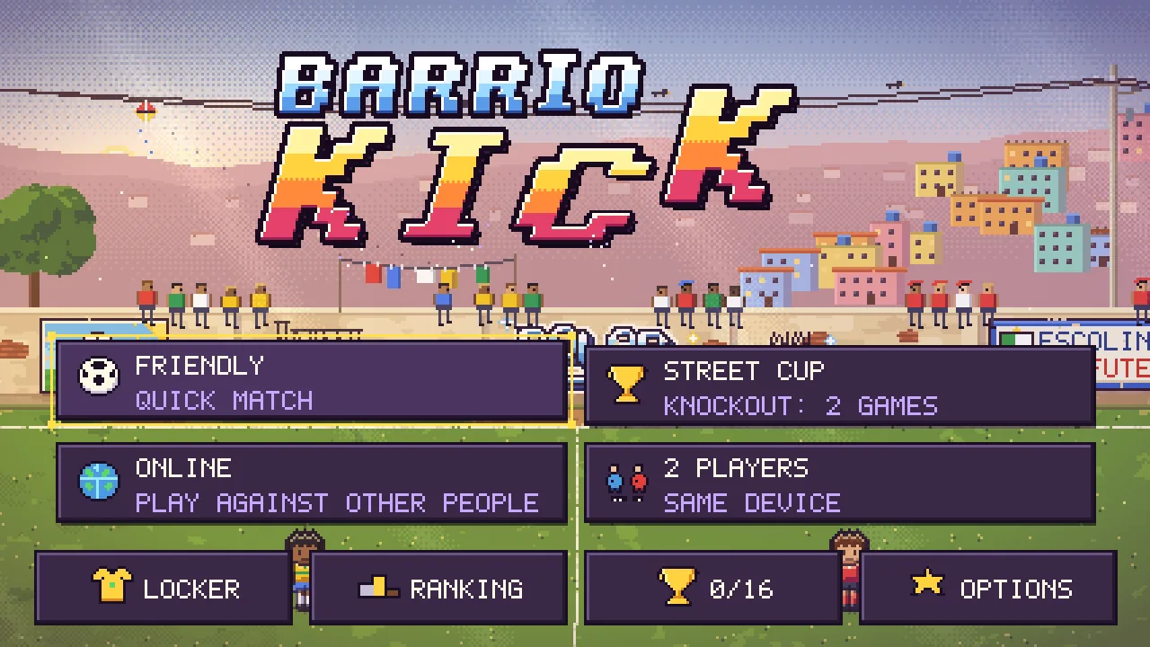 Menú principal: amistoso, Copa del Barrio, online y dos jugadores locales.