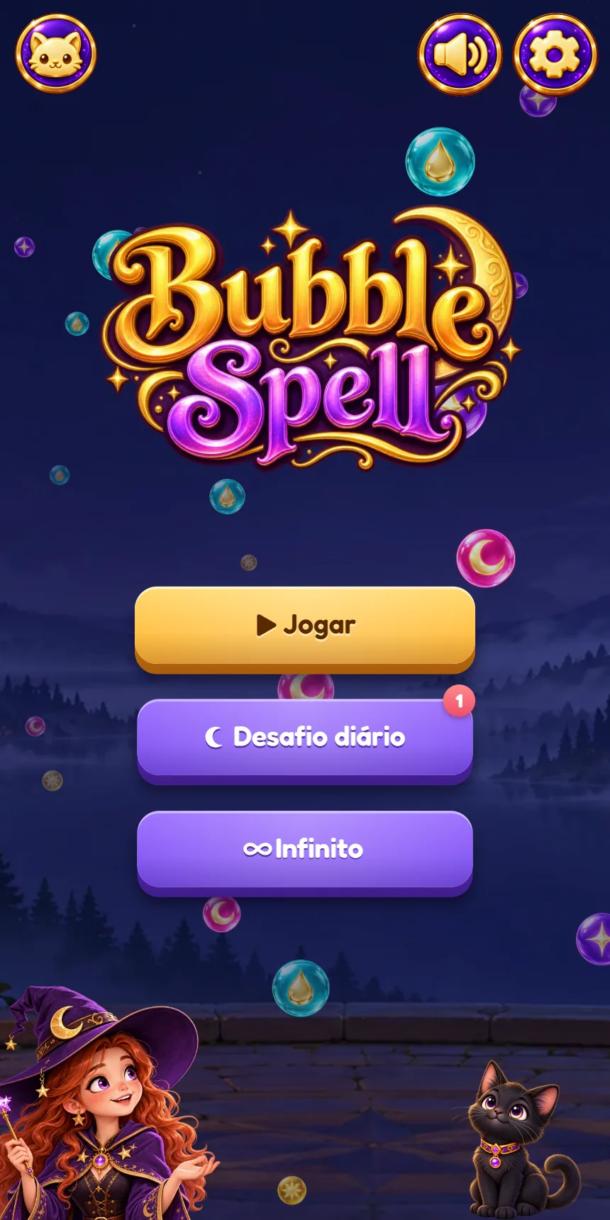 Title screen with the witch and her cat.