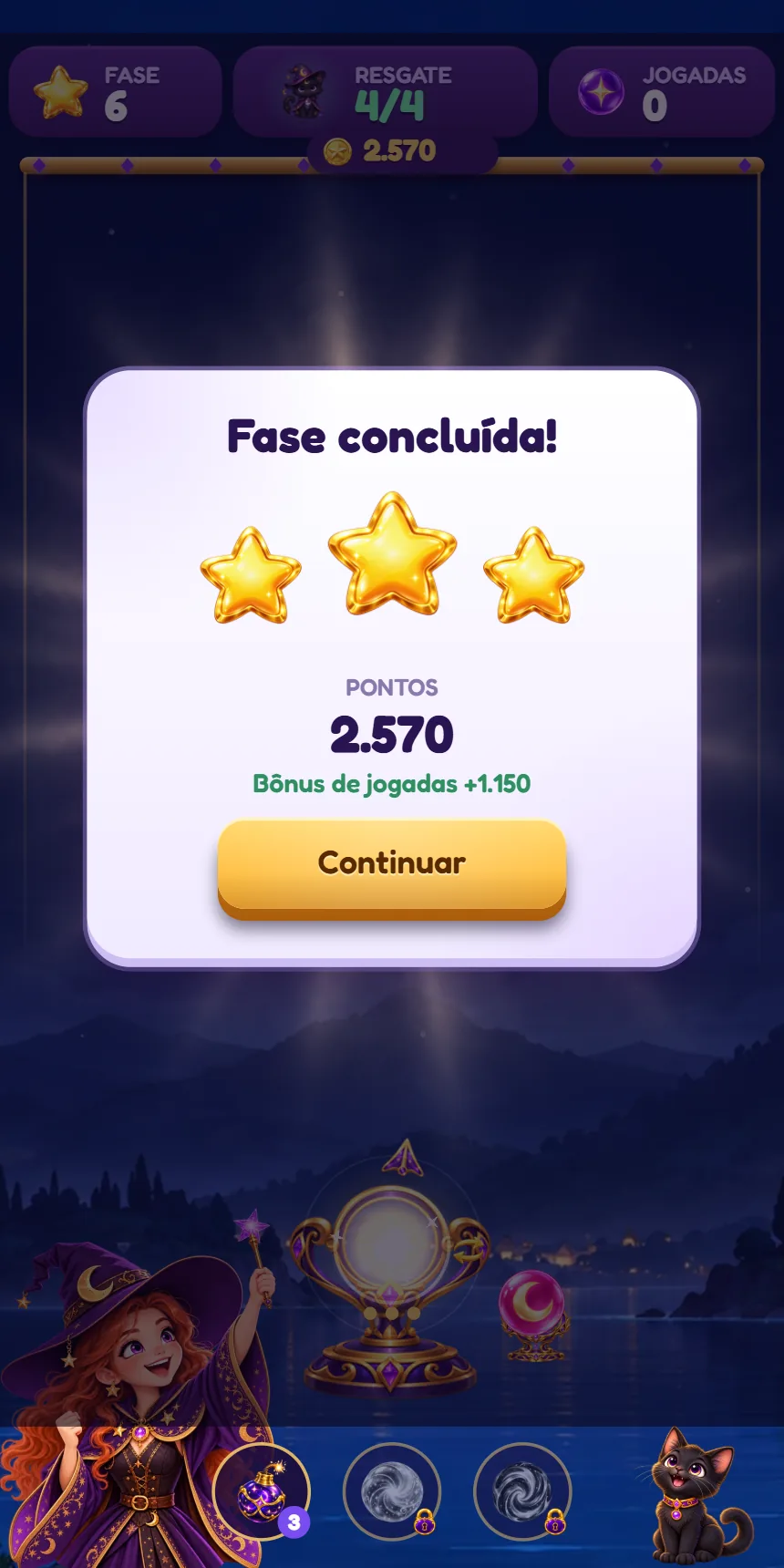 Level complete with three stars.