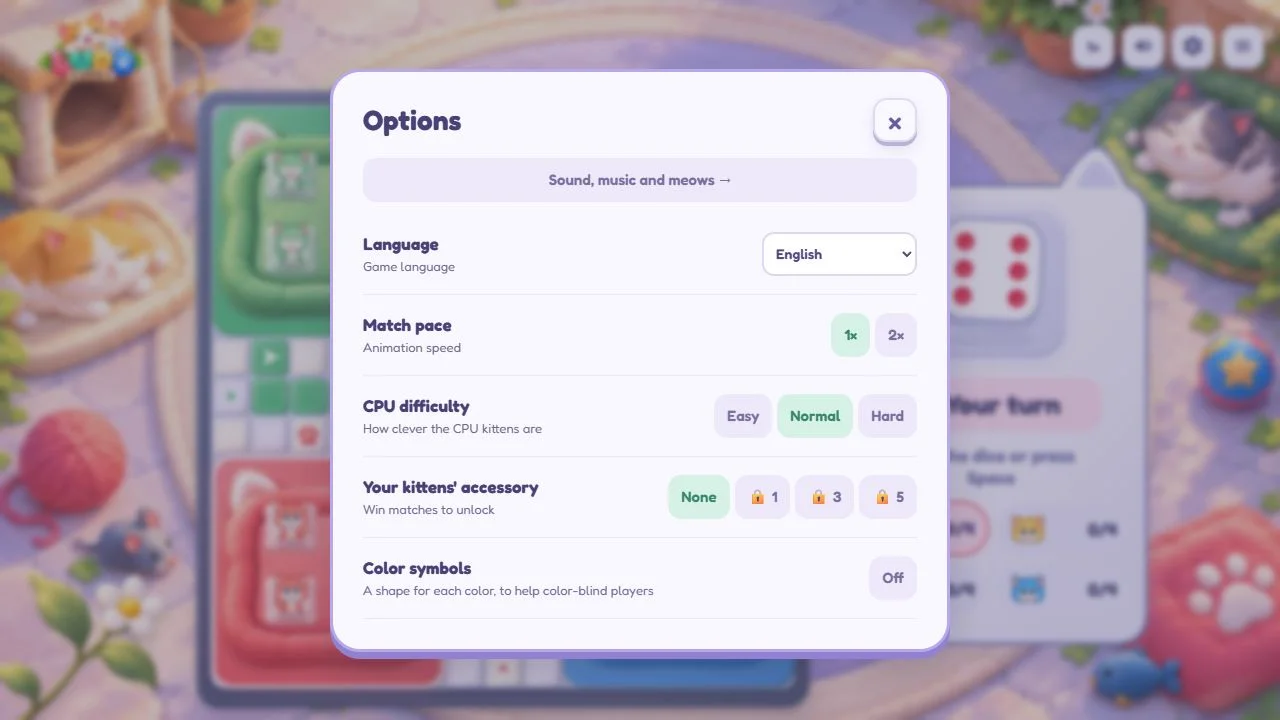 Options: language, pace, CPU level and color symbols