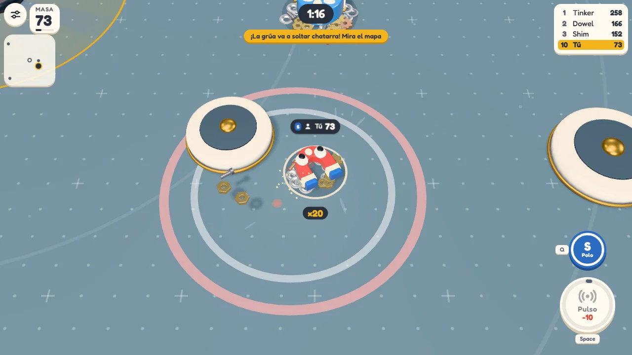 A Magnado magnet releasing a pulse that pushes parts and rivals away in the workshop arena
