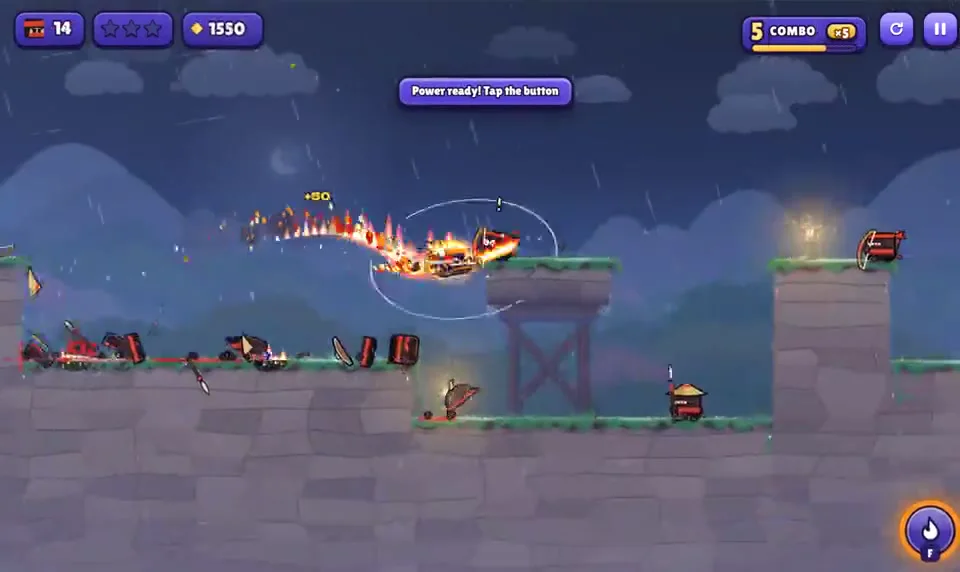 The storm setting in Little Ninja Dash: at night, in rain under dark clouds, the ninja dashes over stone platforms leaving a trail of flames, with the message Power ready! on screen
