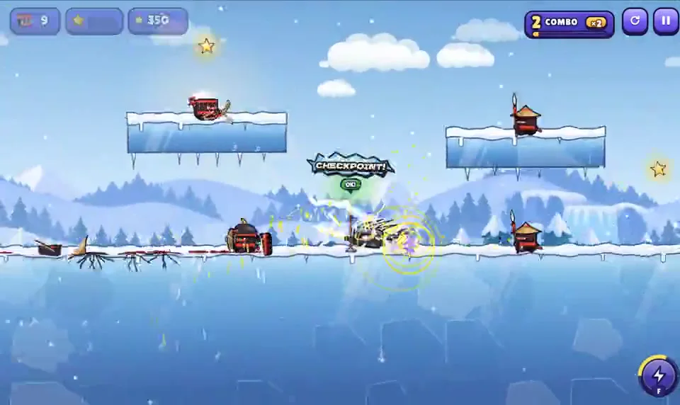 Little Ninja Dash in the ice world, with frozen platforms, enemies, an activated checkpoint and the combo counter