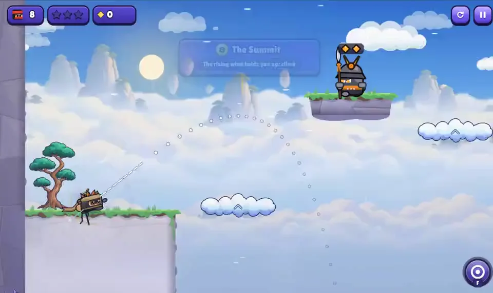 Little Ninja Dash in the cloud world, with the dotted aiming arc pointing to a high platform