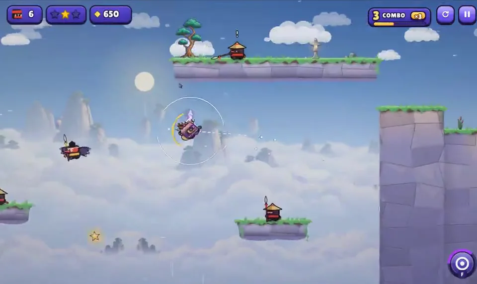 The cloud world in Little Ninja Dash: the ninja aims a dash in mid-air above a thick layer of white clouds, with grassy stone platforms, small enemies in cone-shaped hats, a star and a combo counter on screen