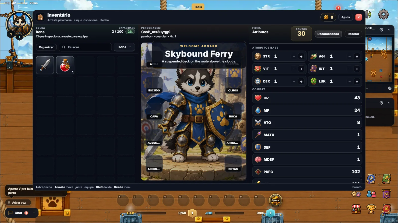 PawBound Online character sheet with a husky guardian in blue armor and the strength, vitality, dexterity, agility, intelligence and luck stats