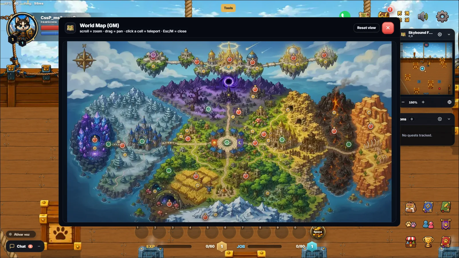PawBound world map with islands, forests, volcanoes, snowy mountains and marked towns