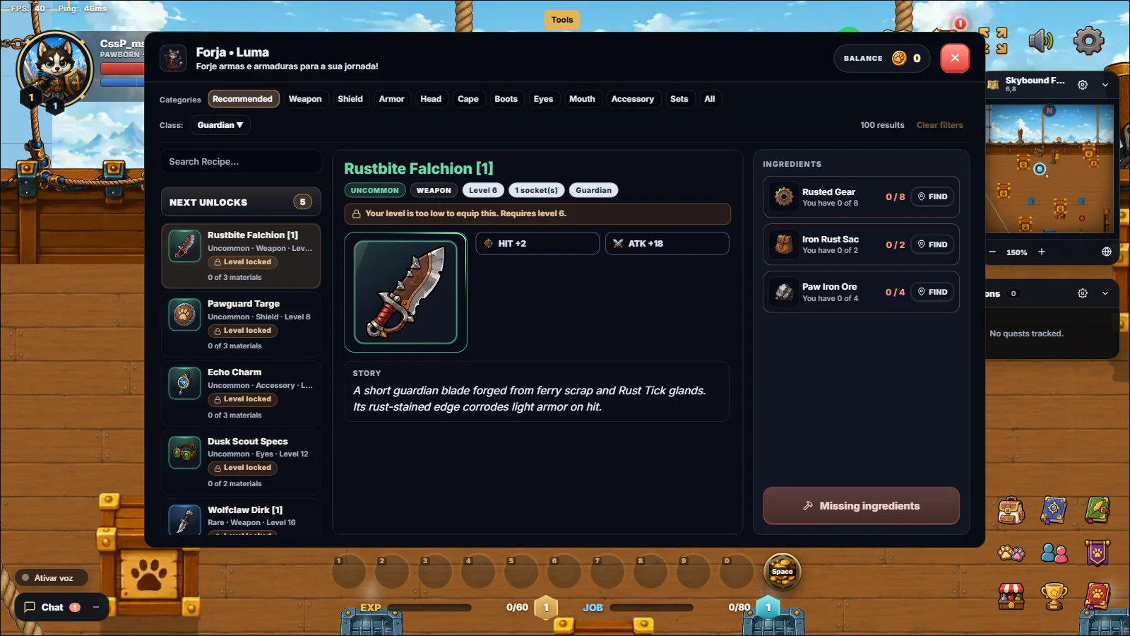 PawBound forge with a sword recipe and the list of required ingredients